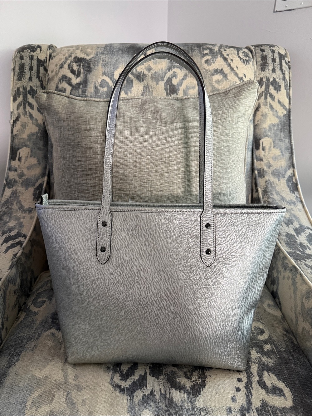 Coach Metallic Silver Tote with Top Handles - Picture 7 of 8